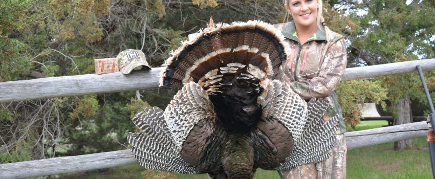 Emily Mierau smiles with her great Merriam's gobbler.