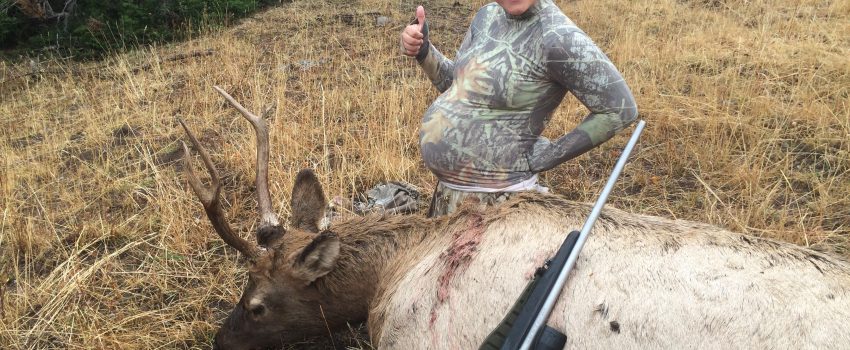 Autumn Ifland, just one month from term, took on the Teton Mountains and bagged this young bull elk.