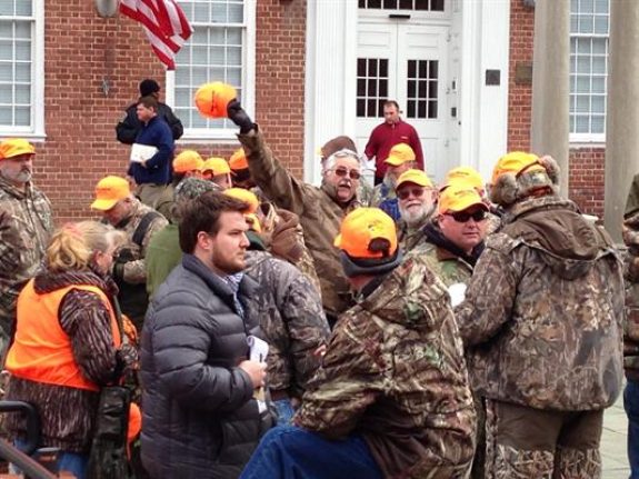 Marylanders gathered in the state capitol to support sunday hunting dressed in their favorite outdoor gear.