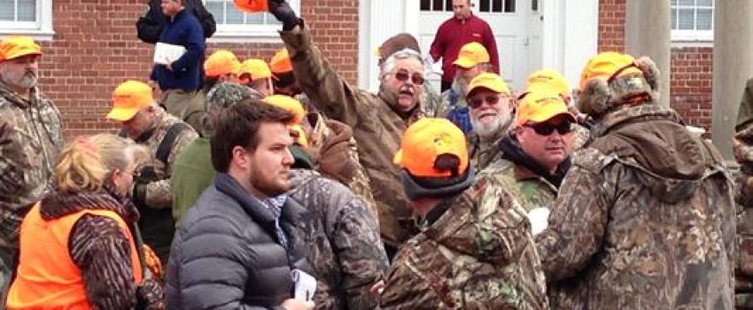 Marylanders gathered in the state capitol to support sunday hunting dressed in their favorite outdoor gear.